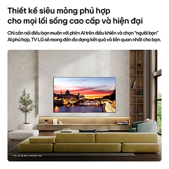 LG OLED evo AI C6 is wall-mounted in a styled living space, featuring an ultra-slim design with narrow bezels, and it displays a riverside cityscape at sunset on screen. 